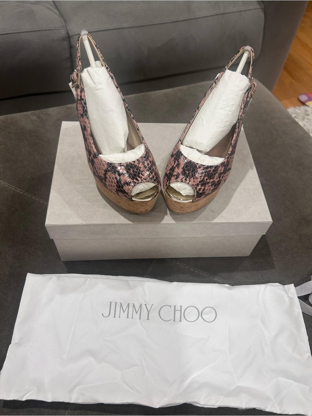Jimmy Choo Pink Snake-Print Cork Platform Peep-Toe Slingbacks